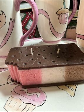 Neapolitan Ice Cream Sandwich Decorative Candle - Brown, Cream, Pink